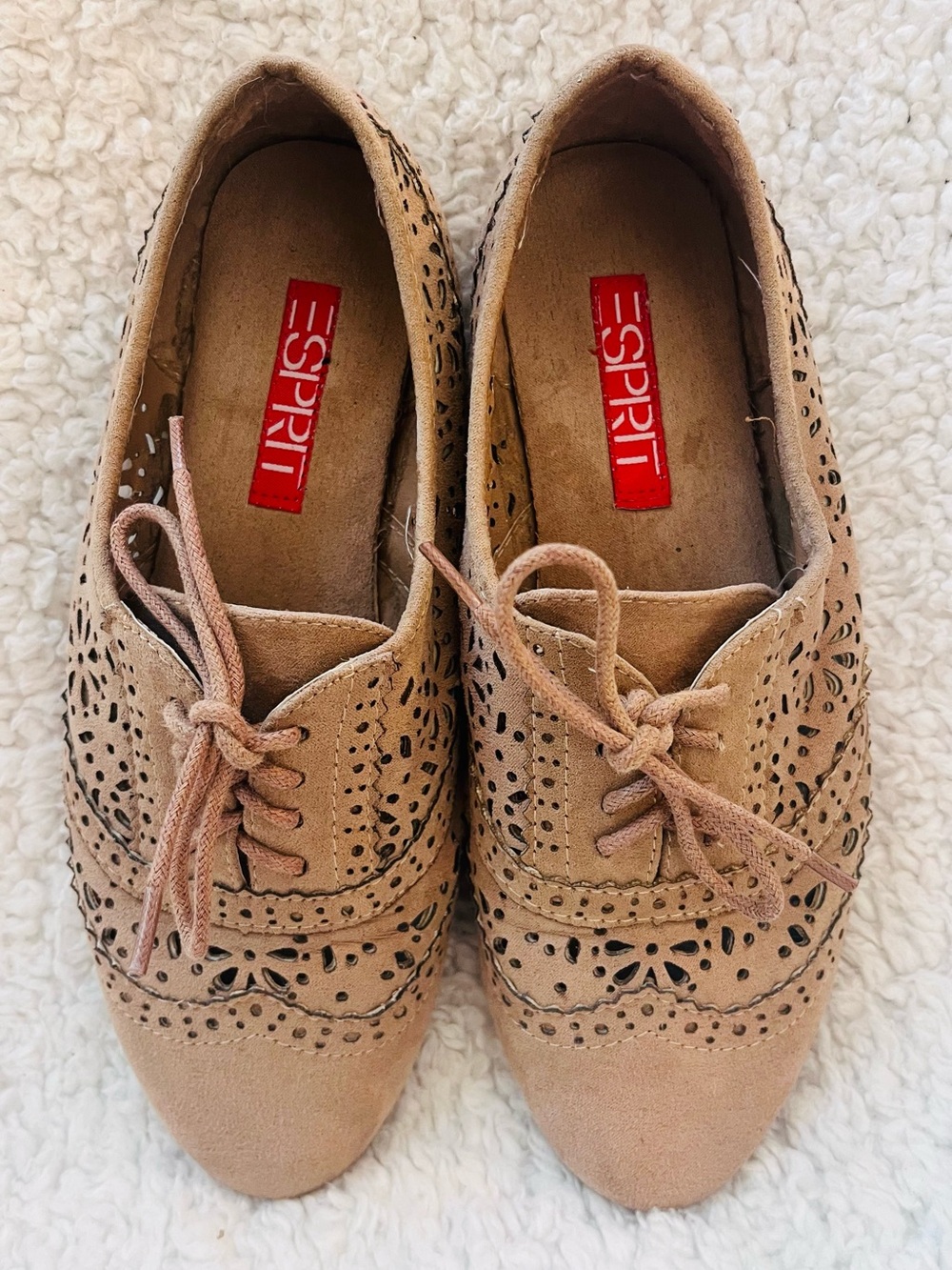 Esprit Jessie Flats Dress Lace Up Shoes Loafers Y2K 90s Vintage Tan Laser Cut